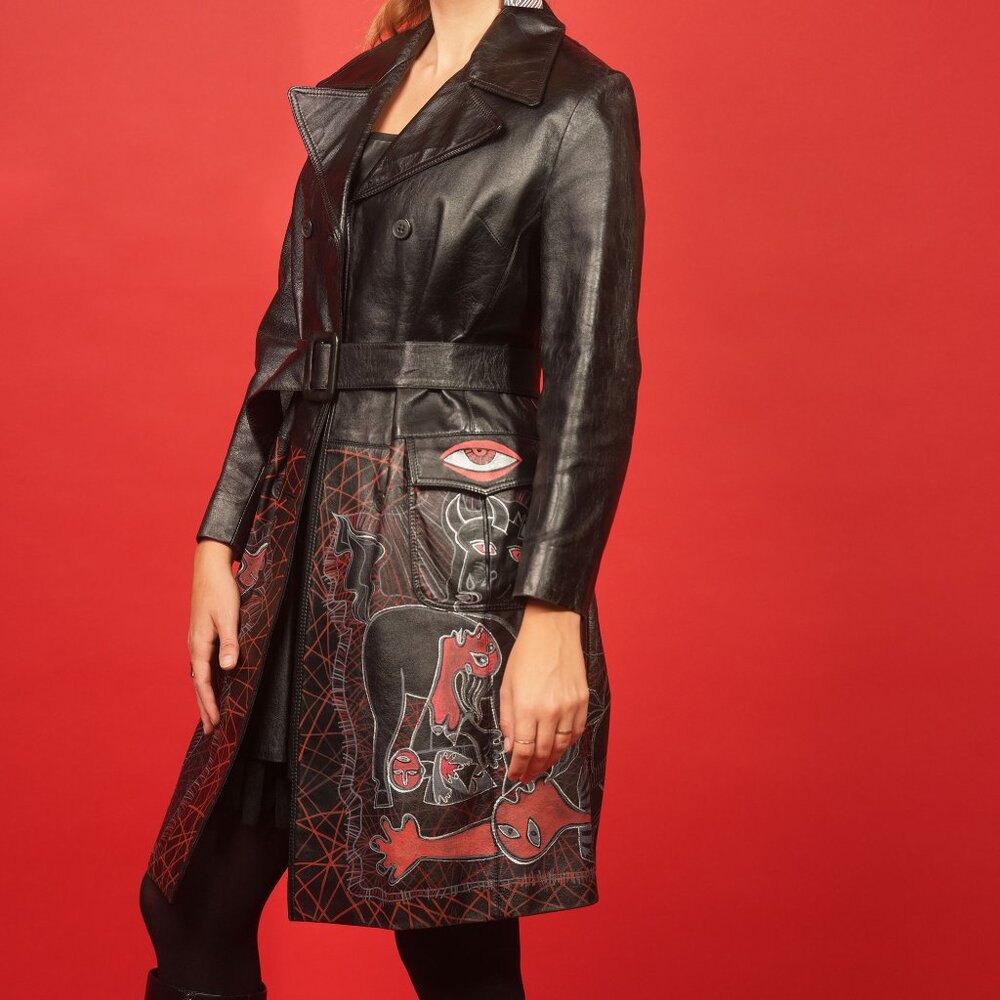 Vintage 80s Handloom Long Leather Trench Coat, "Pablo", SPARK + REBEL - Size S